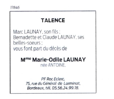 Madame Marie-odile LAUNAY née ANTOINE