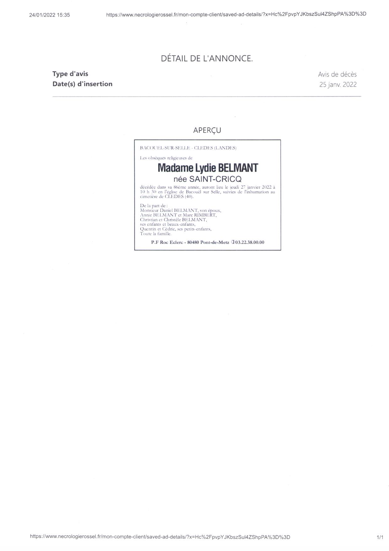 Madame Lydie BELMANT née SAINT-CRICQ