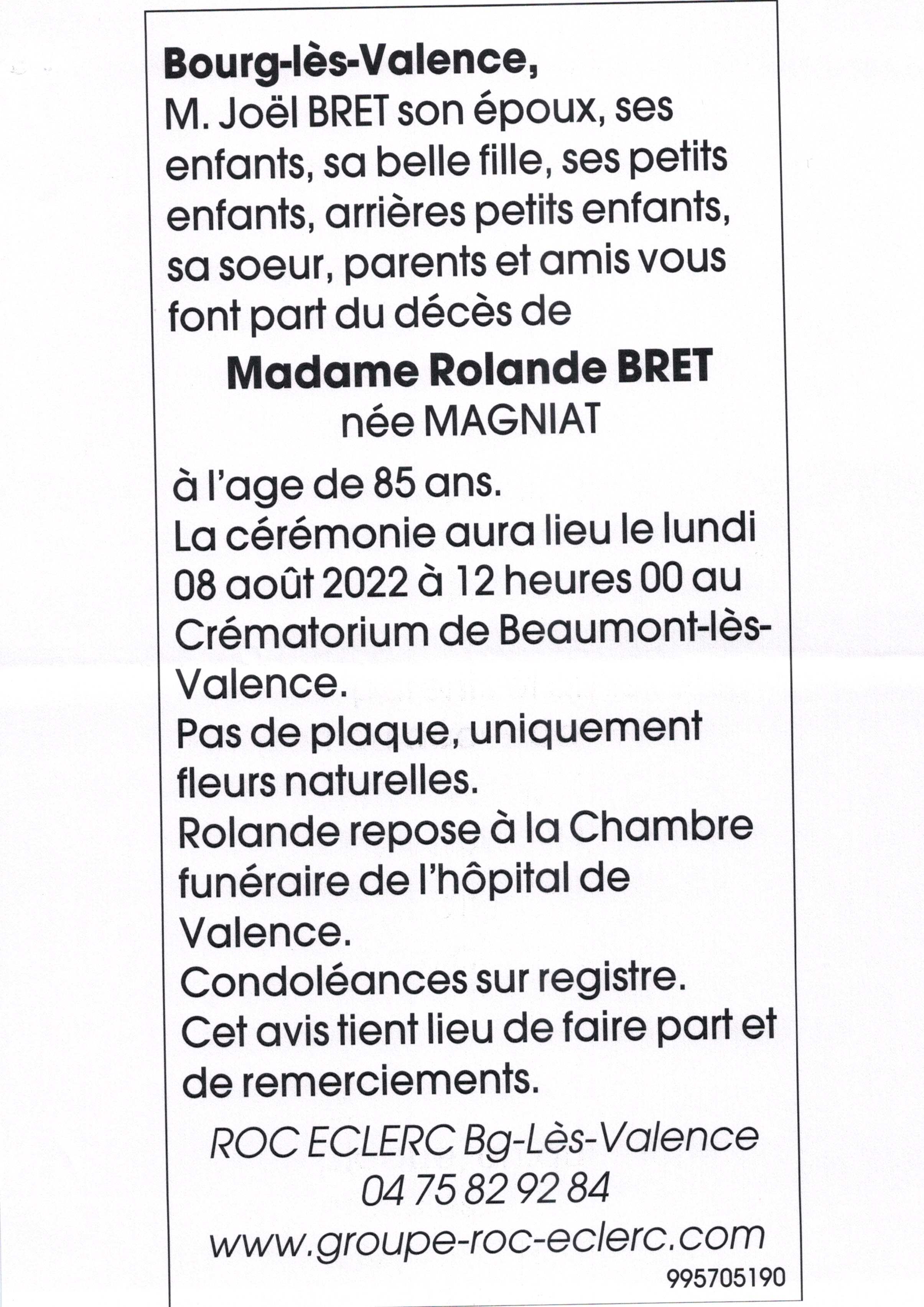 Madame Rolande BRET née MAGNIAT