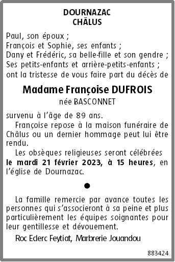 Madame Françoise DUFROIS née BASCONNET