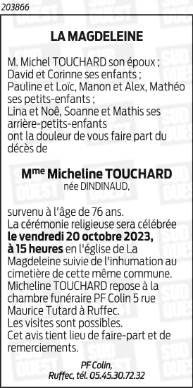 TOUCHARD Micheline, Madeleine Née DINDINAUD