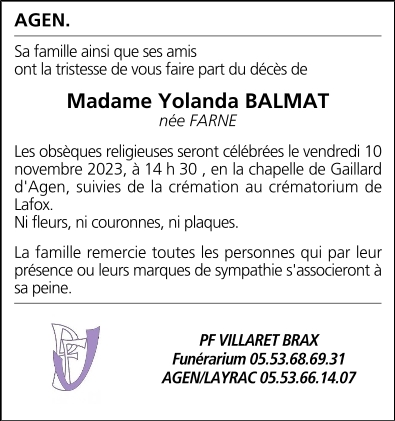 Madame Yolanda BALMAT née FARNE