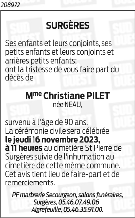 Madame Christiane, Arlette, Josiane PILET née NEAU