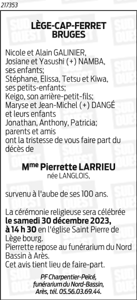 LARRIEU Marguerite Marcelle Pierrette Née LANGLOIS