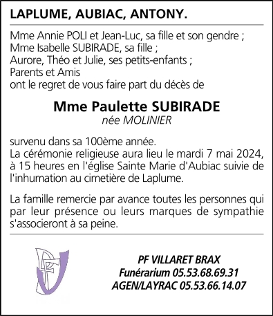 SUBIRADE Paulette Né(e) MOLINIER