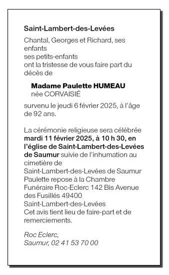 Madame Paulette HUMEAU née CORVAISIÉ