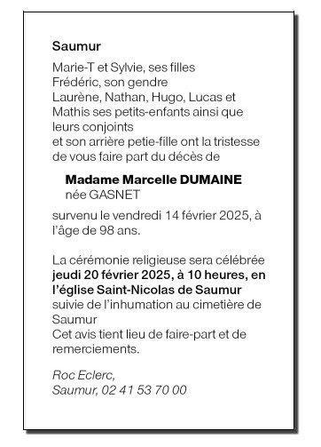 Madame Marcelle DUMAINE née GASNET
