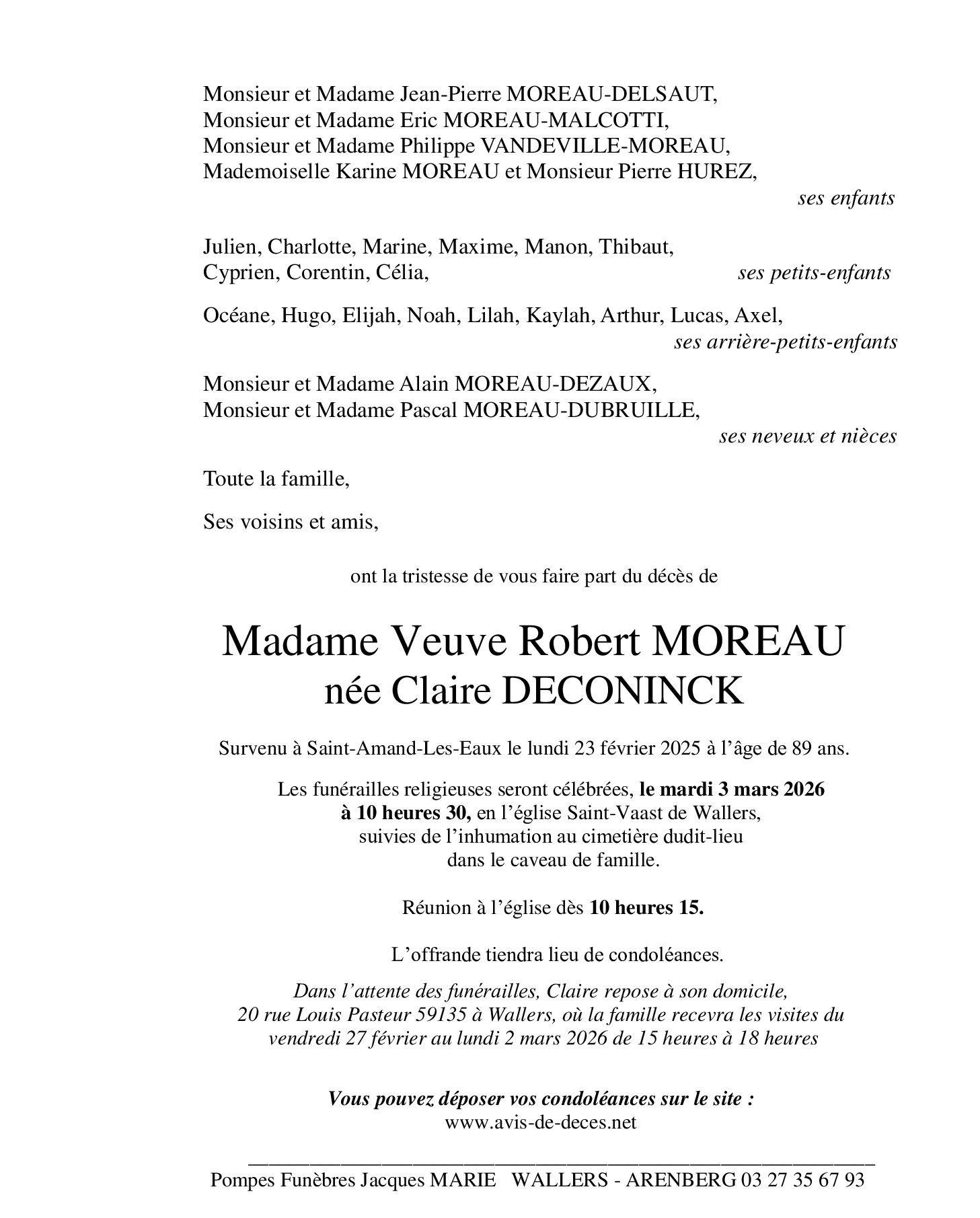 Madame Vve Claire MOREAU né(e) DECONINCK