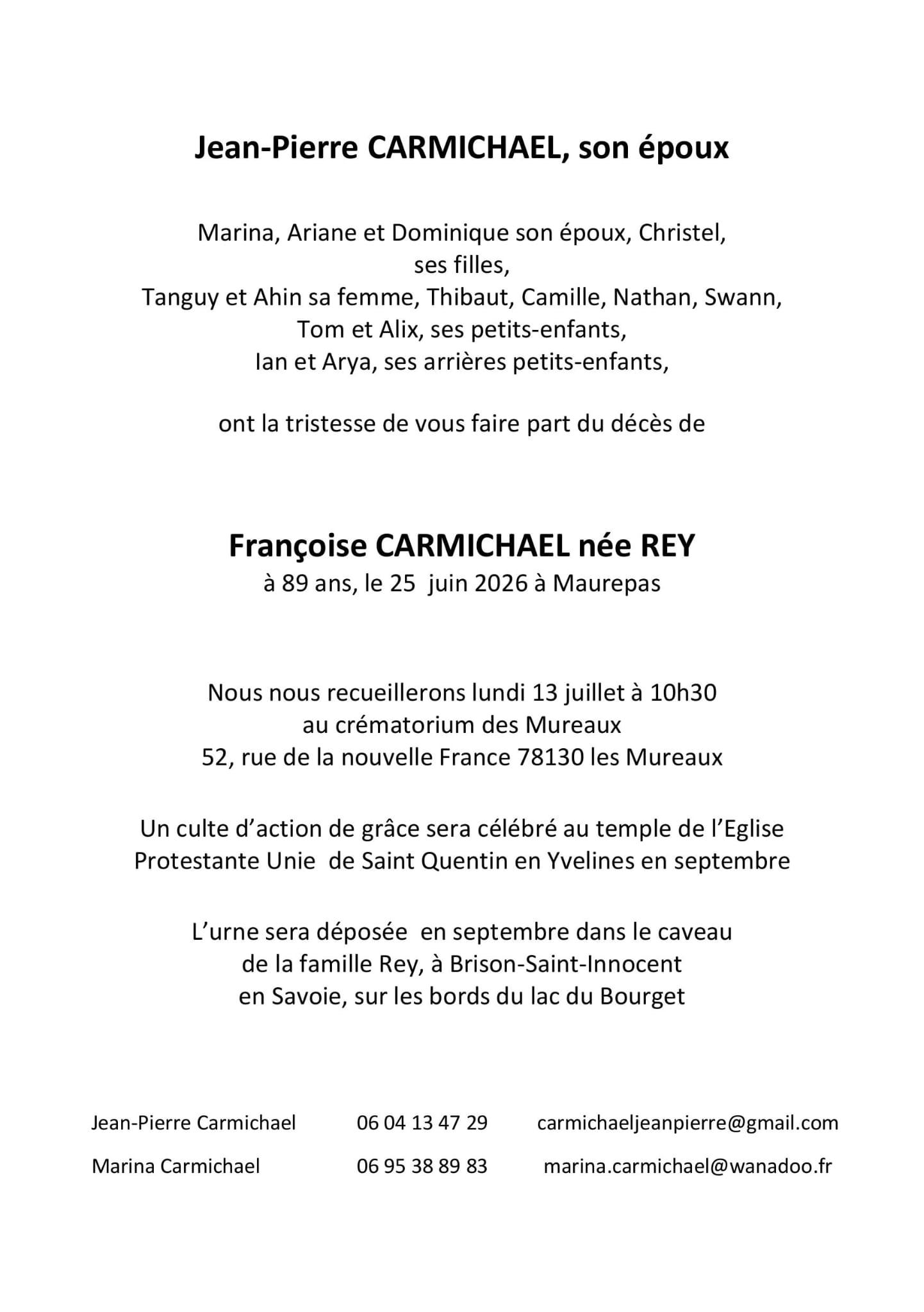 CARMICHAEL Françoise Née REY