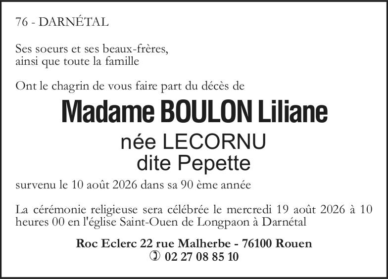 Madame Liliane BOULON née LECORNU