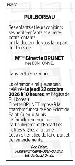 Madame Ginette BRUNET née BONHOMME